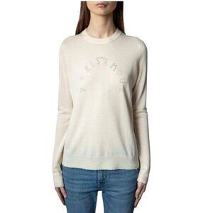 Zadig & Voltaire Miss Paris Strass Cream Crewneck Long Sleeve Wool Sweater Large